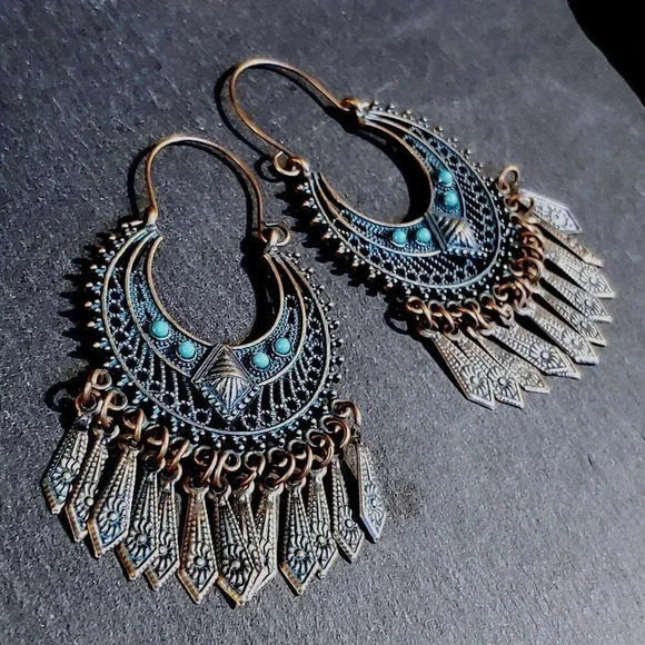 Antique Copper Verdigris Blue Green Patina Edgy Geometric Dangles Earrings - Picture 3 of 8